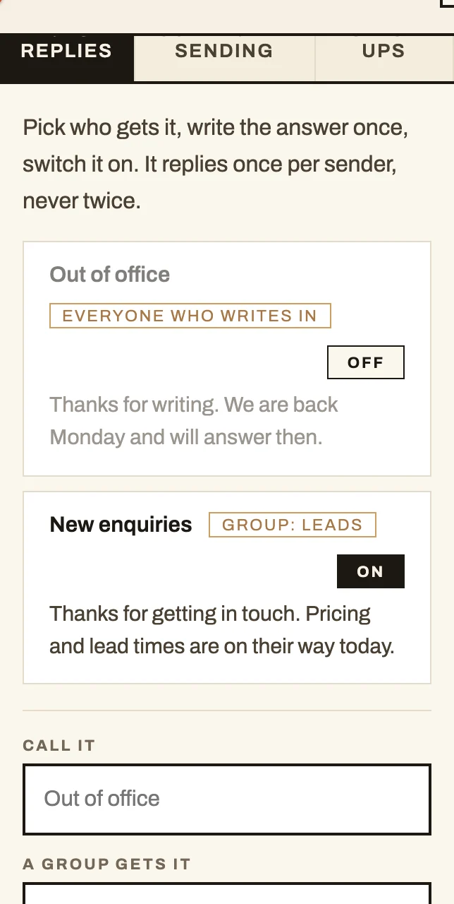 Automations: auto-replies, scheduled sending and follow-ups, one feature per tab