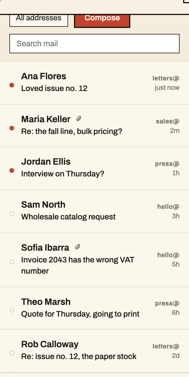 The inbox: one list for the whole domain, unread dots, and a per-address tag like sales@ on every message