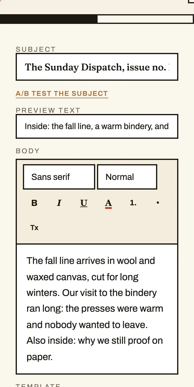 The newsletter composer: subject, preview text and a large writing body with fonts and colours