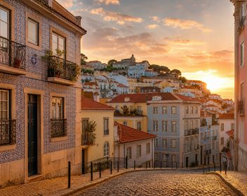 Lisbon's hillside streets at golden hour