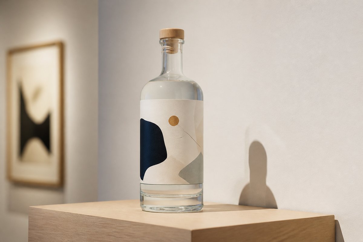 Gin bottle label design photographed on a shelf