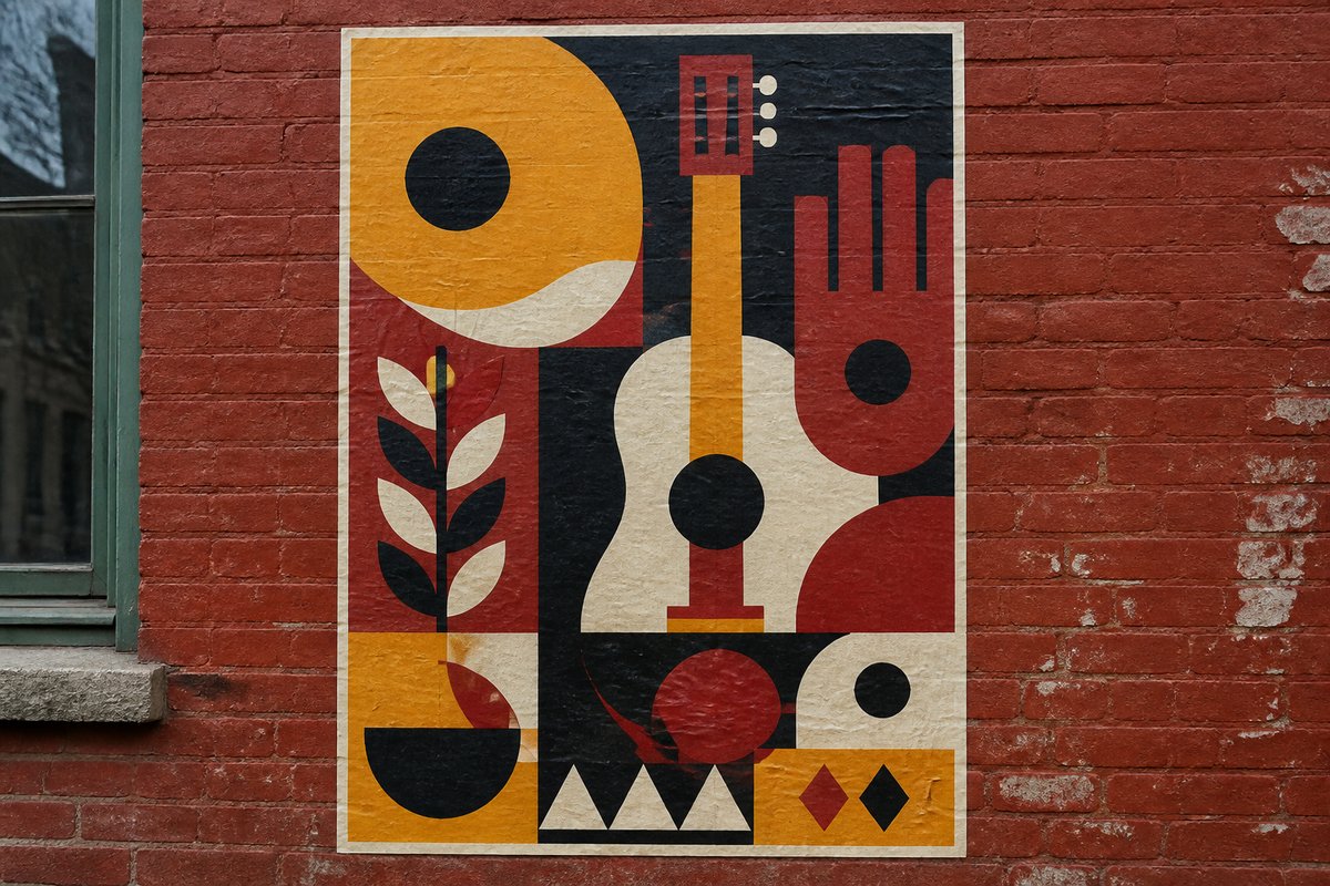 A folk festival poster pasted on a brick wall