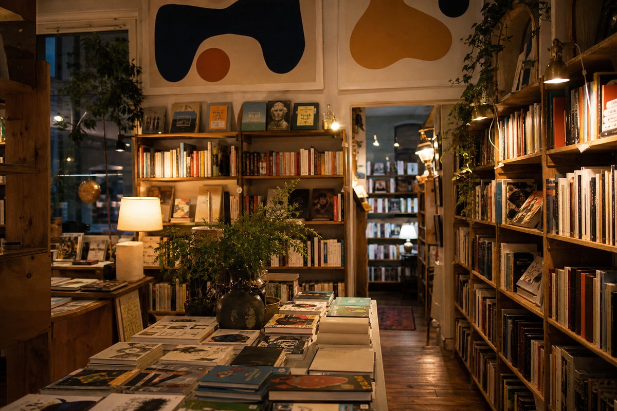A bookshop interior with painted signage