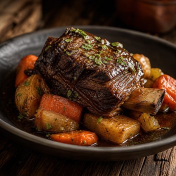 A slow-braised short rib with root vegetables