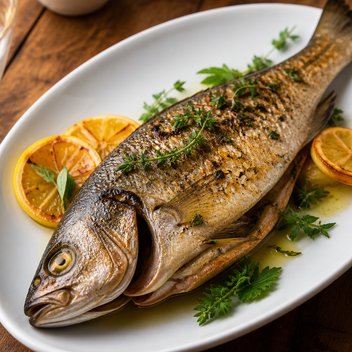 A whole roasted branzino with lemon and herbs