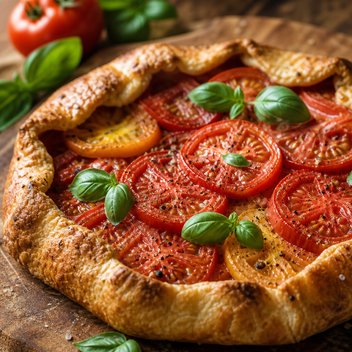 A rustic tomato tart with basil